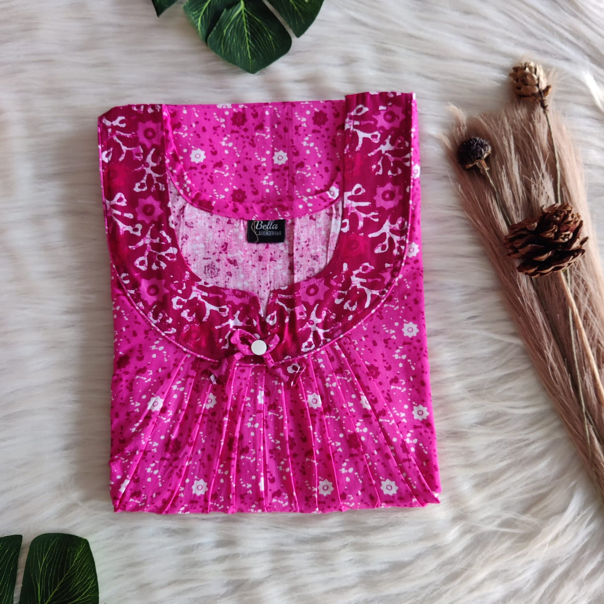 Dark And Pale Pink Floral Printed Premium Cotton No Zip Pleated Nighty | Free Size | Chest Width 44″| Length 55″-56″