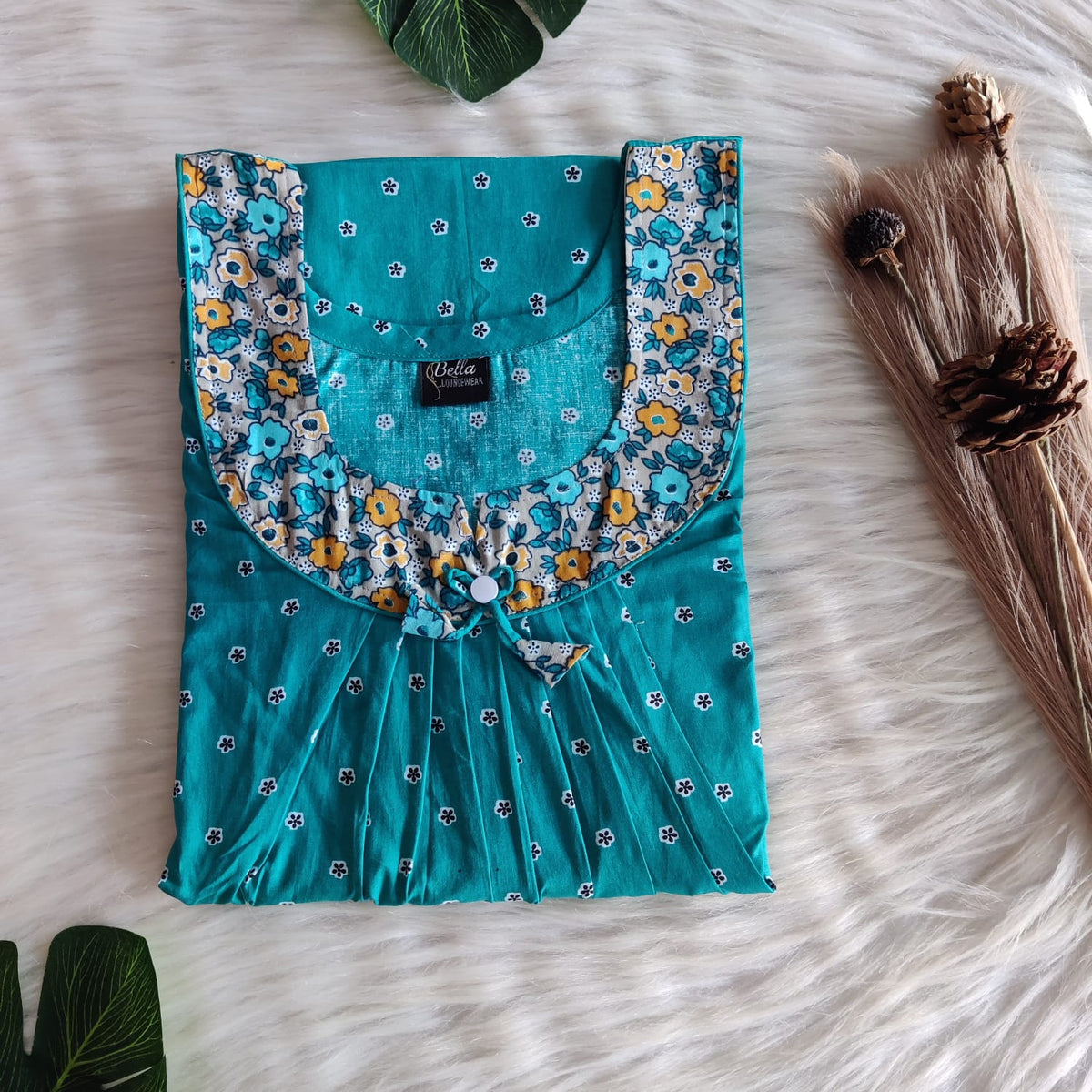 Yellow And Aqua Green Floral Printed Premium Cotton No Zip Pleated Nighty | Free Size | Chest Width 44″| Length 55″-56″