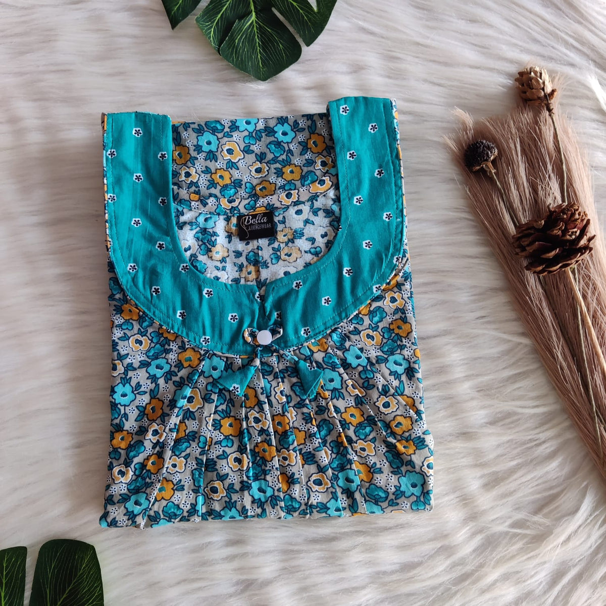 Aqua Green And Yellow Floral Printed Premium Cotton No Zip Pleated Nighty | Free Size | Chest Width 44″| Length 55″-56″