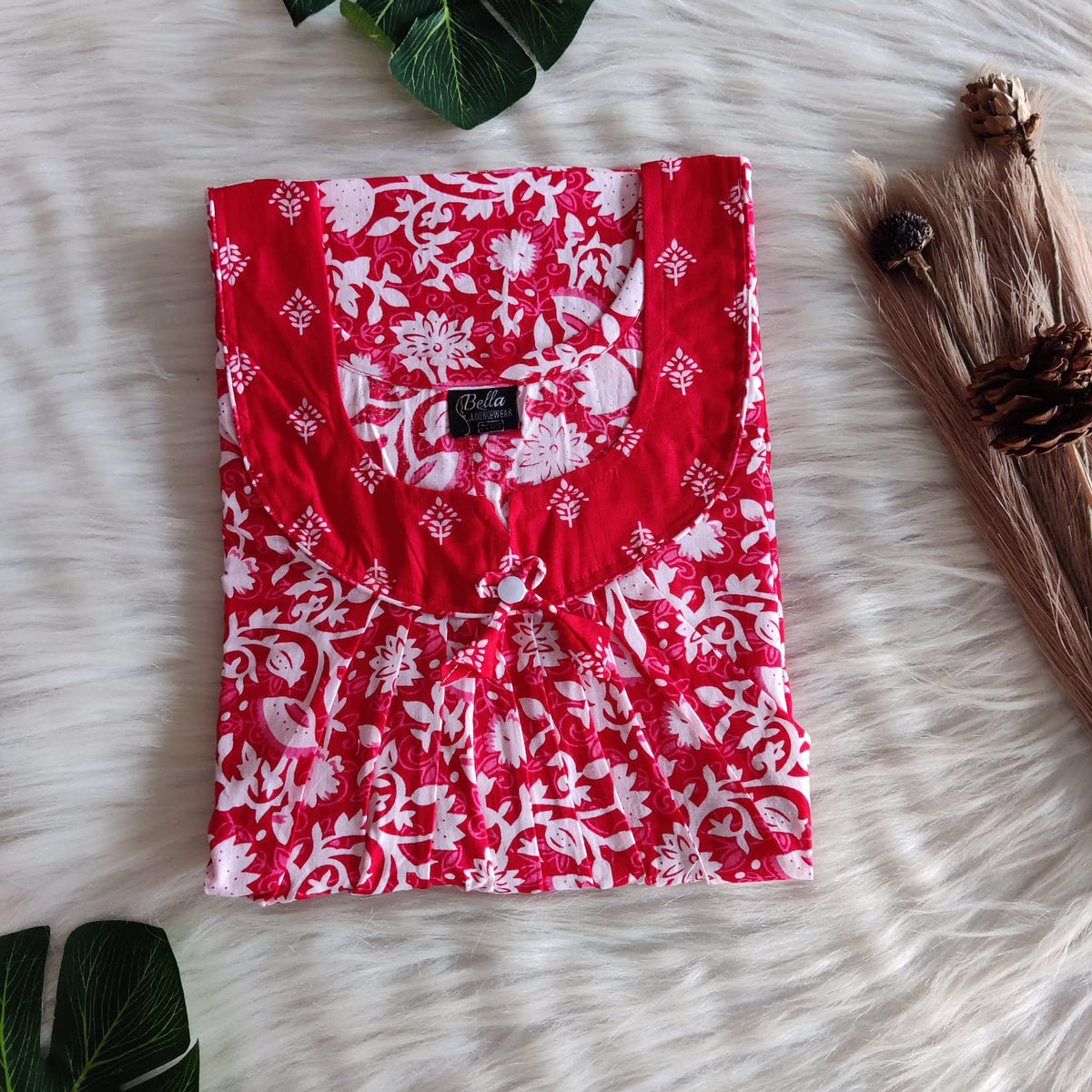 Red And White Floral Printed Premium Cotton No Zip Pleated Nighty | Free Size | Chest Width 44″| Length 55″-56″