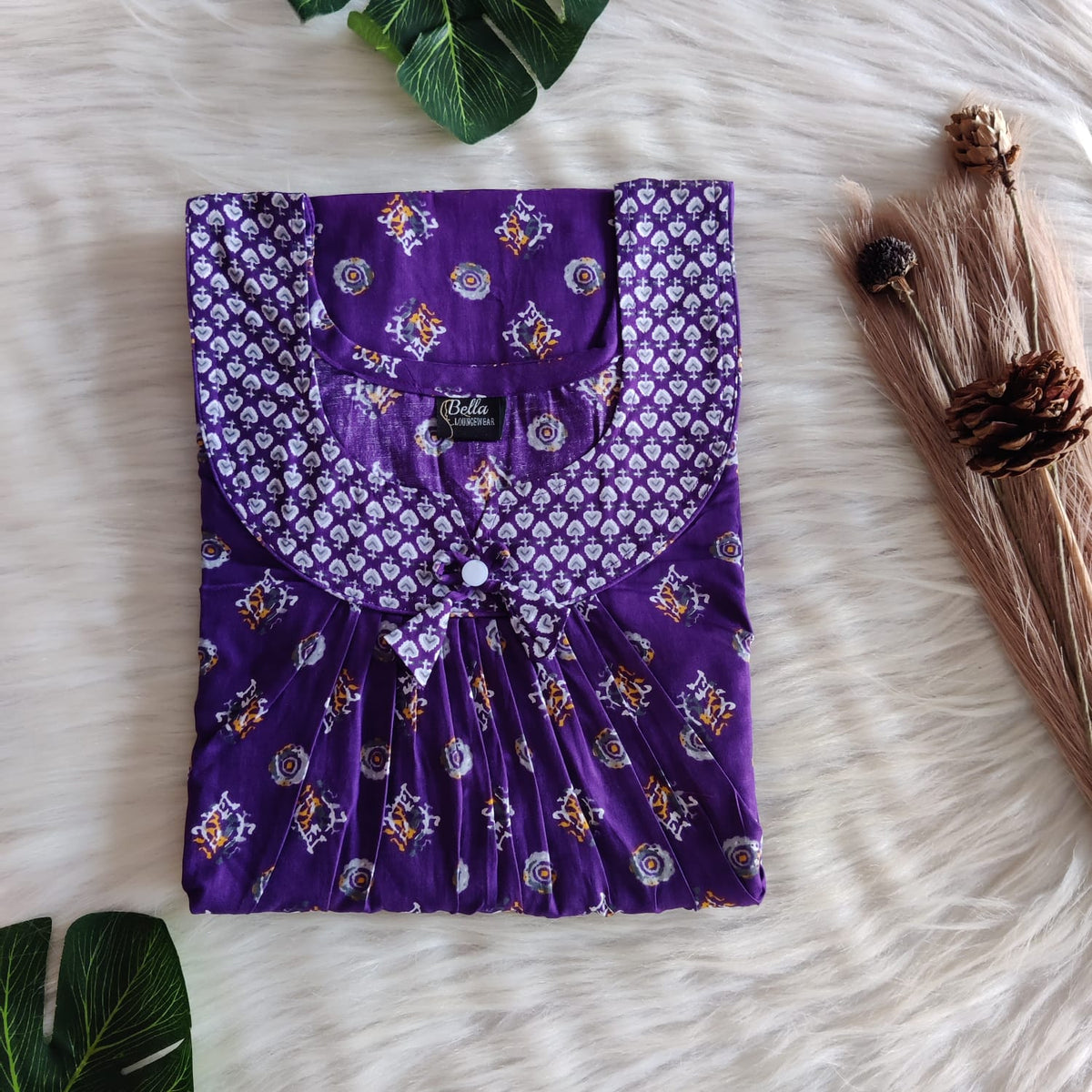 White And Violet Printed Premium Cotton No Zip Pleated Nighty | Free Size | Chest Width 44″| Length 55″-56″