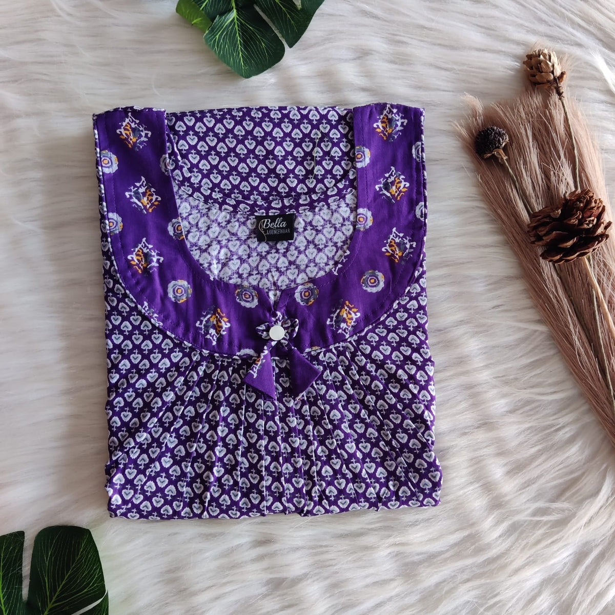 Violet And White Printed Premium Cotton No Zip Pleated Nighty | Free Size | Chest Width 44″| Length 55″-56″
