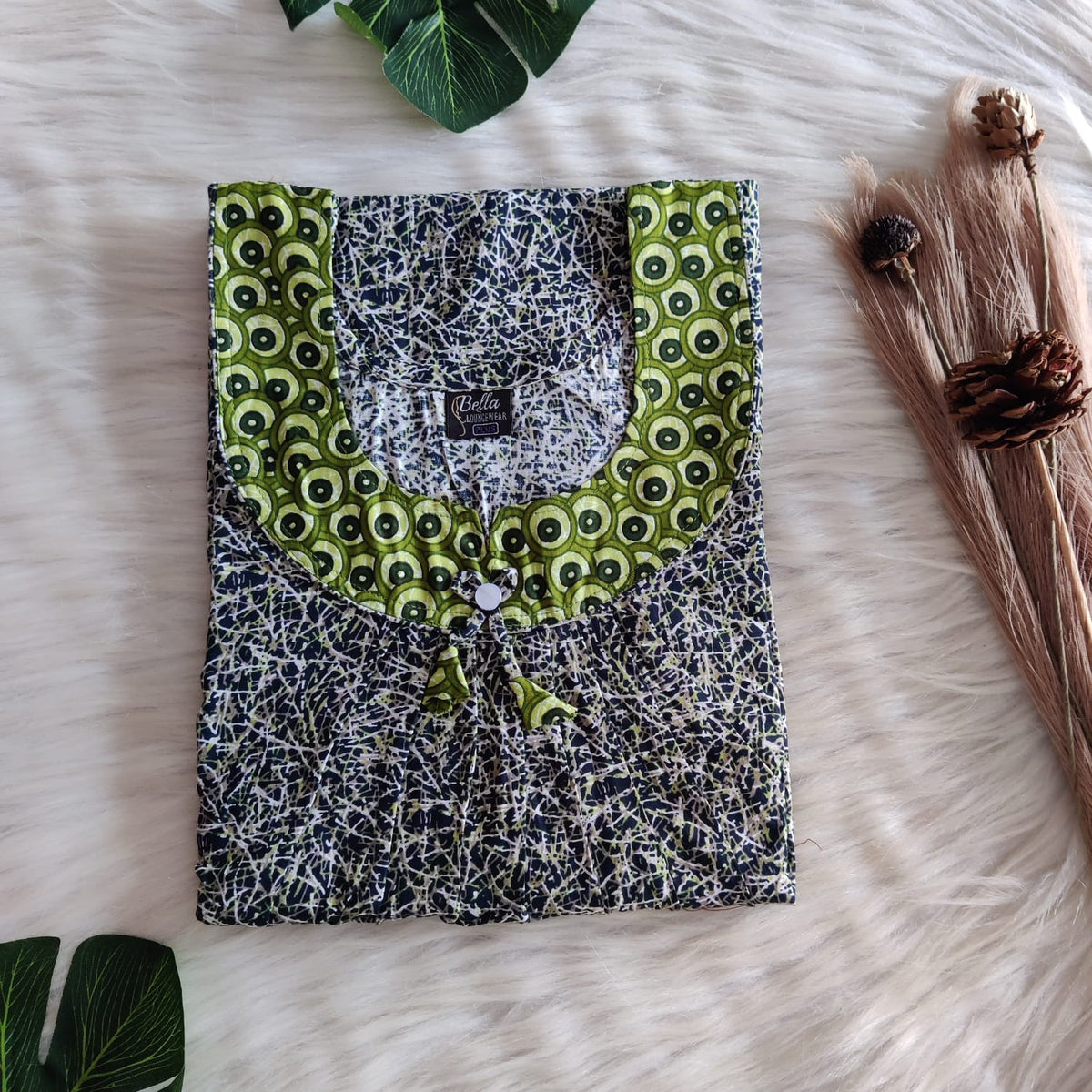 Pale And Dark Green Printed Premium Cotton No Zip Pleated Nighty | Free Size | Chest Width 44″| Length 55″-56″