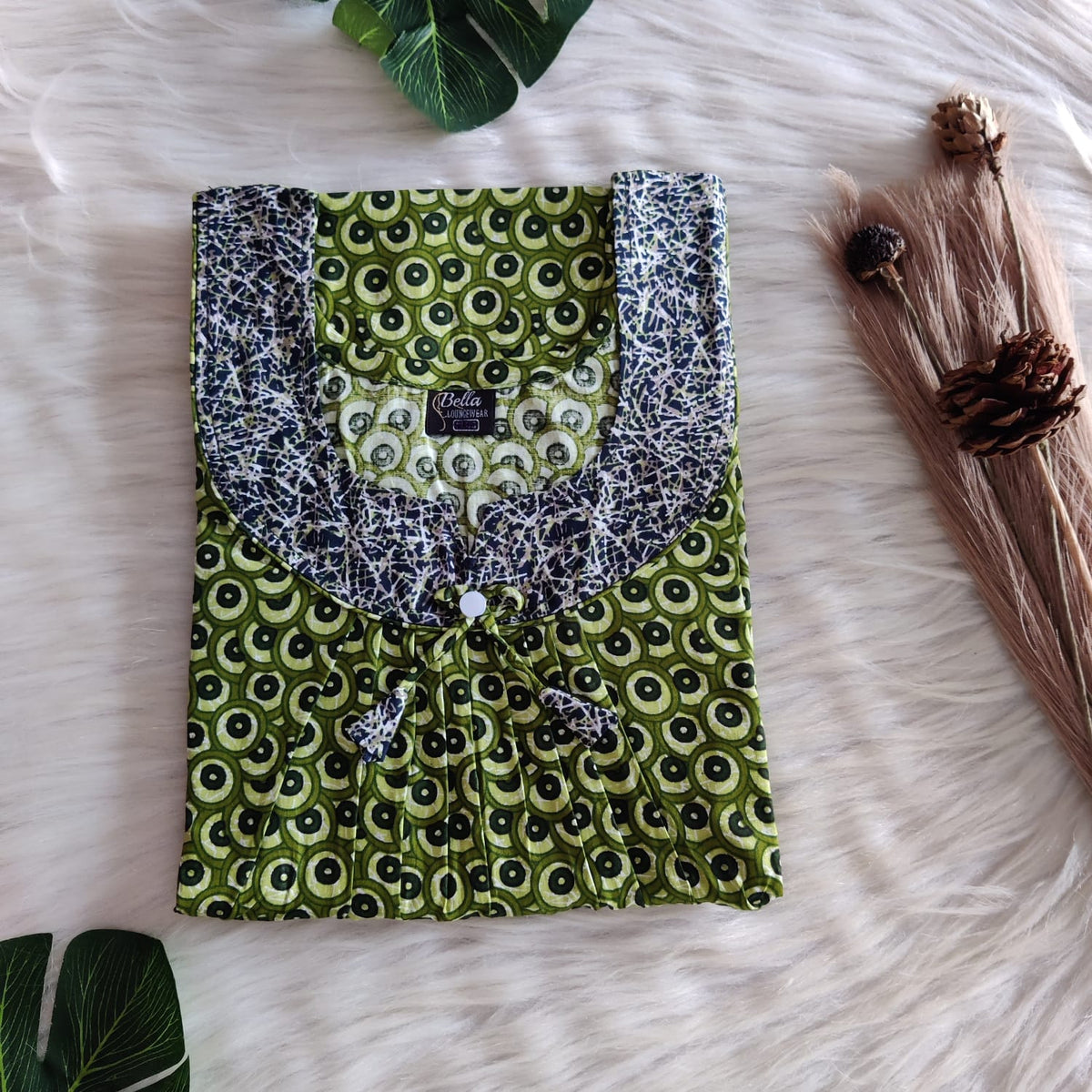 Dark And Pale Green Printed Premium Cotton No Zip Pleated Nighty | Free Size | Chest Width 44″| Length 55″-56″