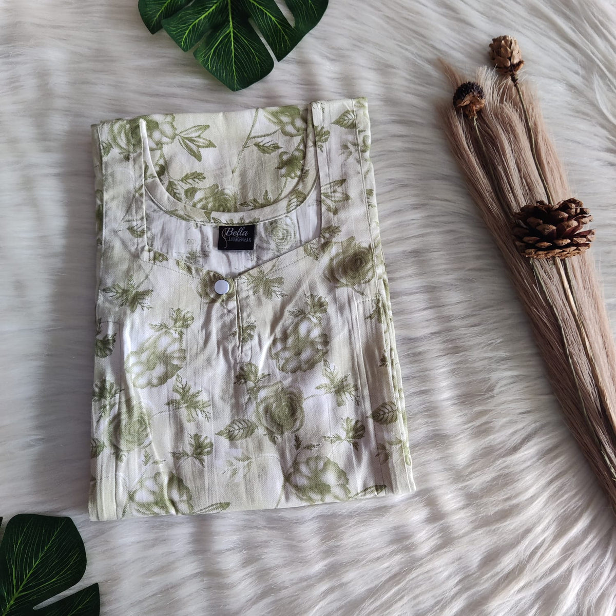 Pastel Green Floral Printed Premium Cotton Aline Cut Vertical Zip Feeding Nighty | Free Size | Chest Width 44″| Length 54″-56″