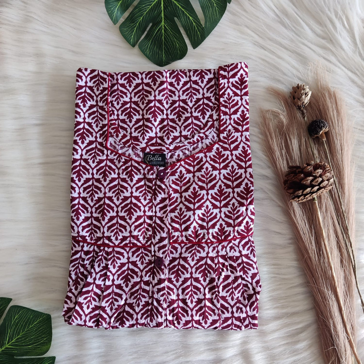 White And Maroon Leaf Printed Premium Cotton Button Zip Nighty | Free Size | Chest Width 44″| Length 55″-56″