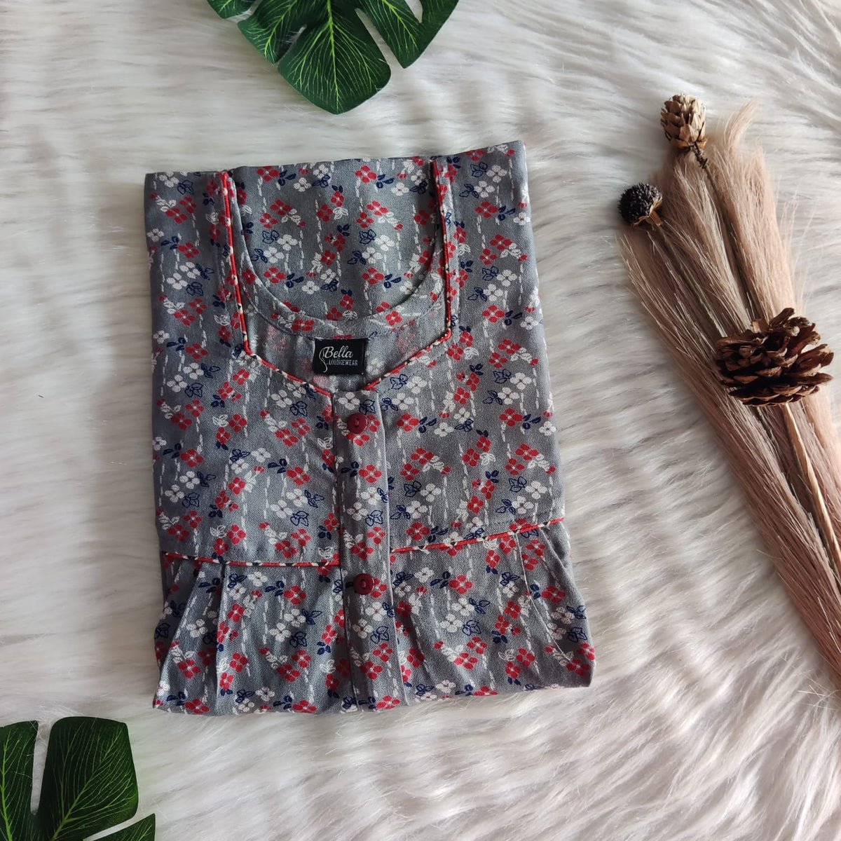 Grey Printed Alfine Button Zip Nighty | Free Size | Chest Width 44″| Length 54″-56″