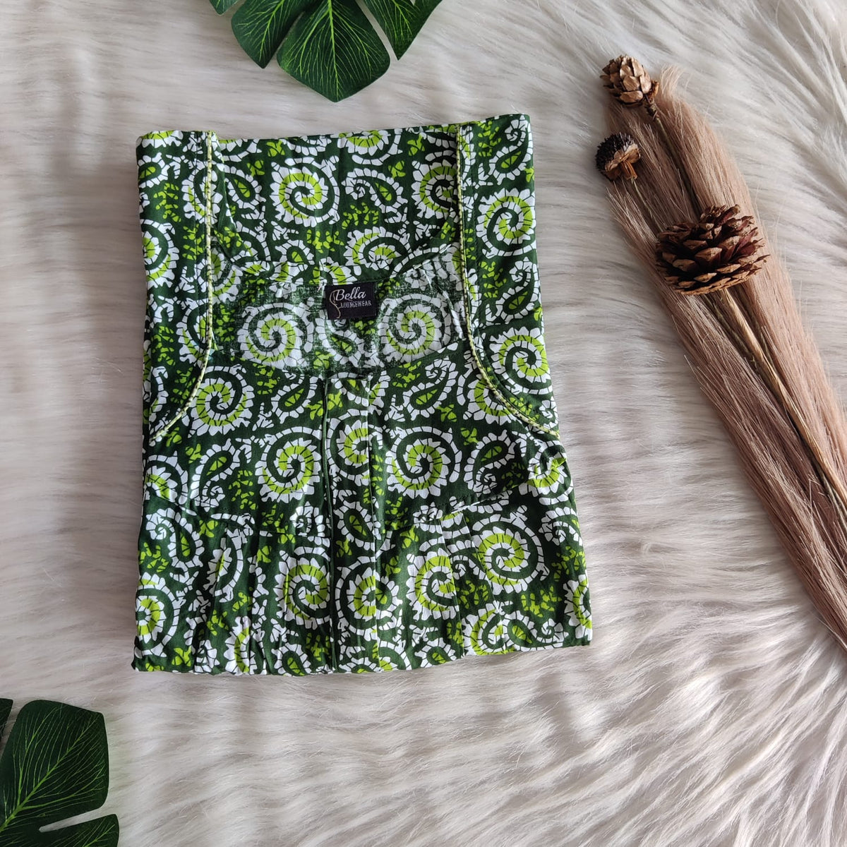 Pale And Dark Green Printed Premium Cotton Pleated Zip Nighty | Free Size | Chest Width 44″| Length 54″-55″