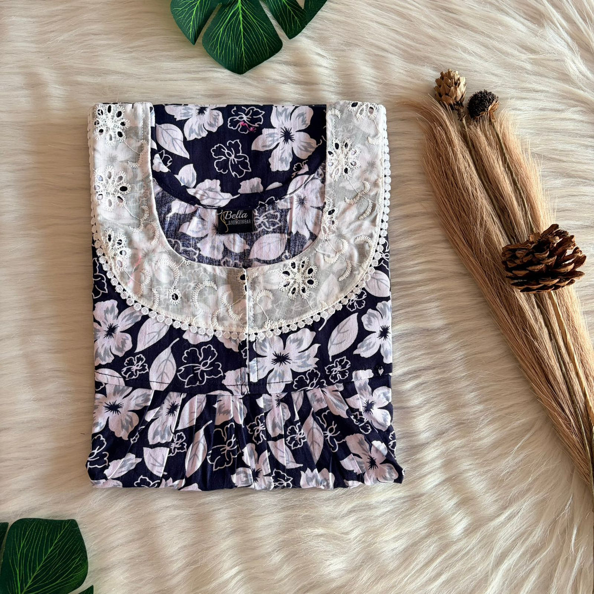 White And Navy-Blue Floral Printed Premium Cotton Hakoba Lace Nighty | Free Size | Chest Width 44″| Length 54″-56″
