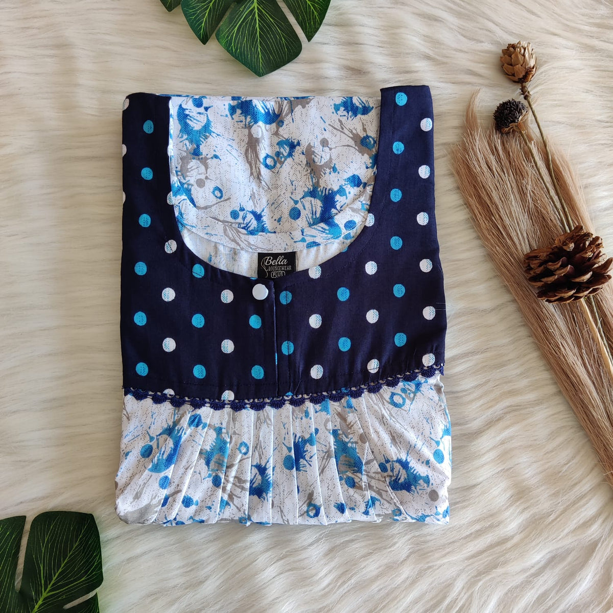 Navy-Blue And White Printed Premium Cotton Lace Nighty | Free Size | Chest Width 44″| Length 54″-56″