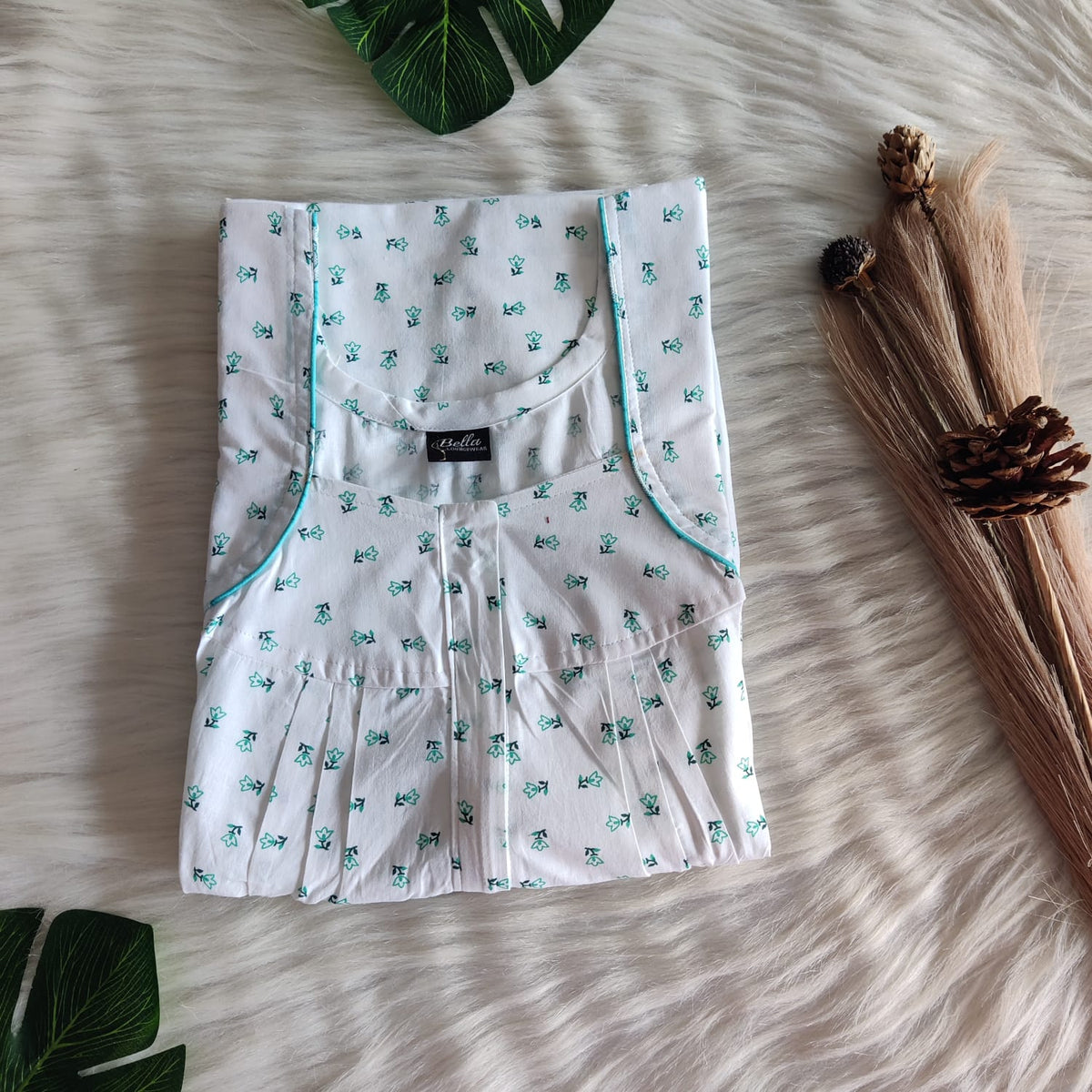Green Floral Printed White Pure Cotton Plus Size Pleated Zip Nighty | Free Size | Chest Width 50″| Length 54″-55″