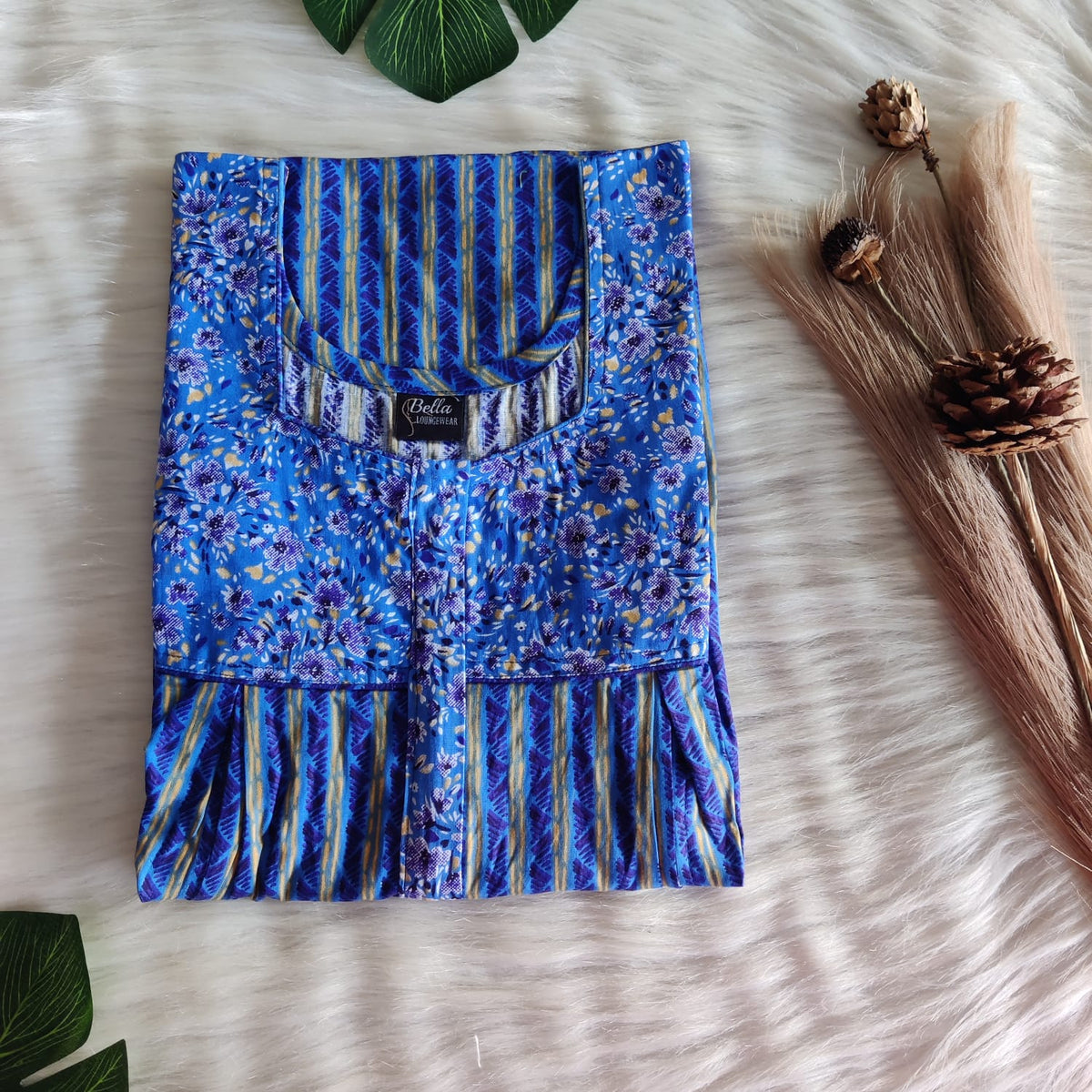 Pale And Dark Blue Printed Premium Cotton Pleated Vertical Zip Feeding Nighty | Free Size | Chest Width 44″| Length 54″-56″