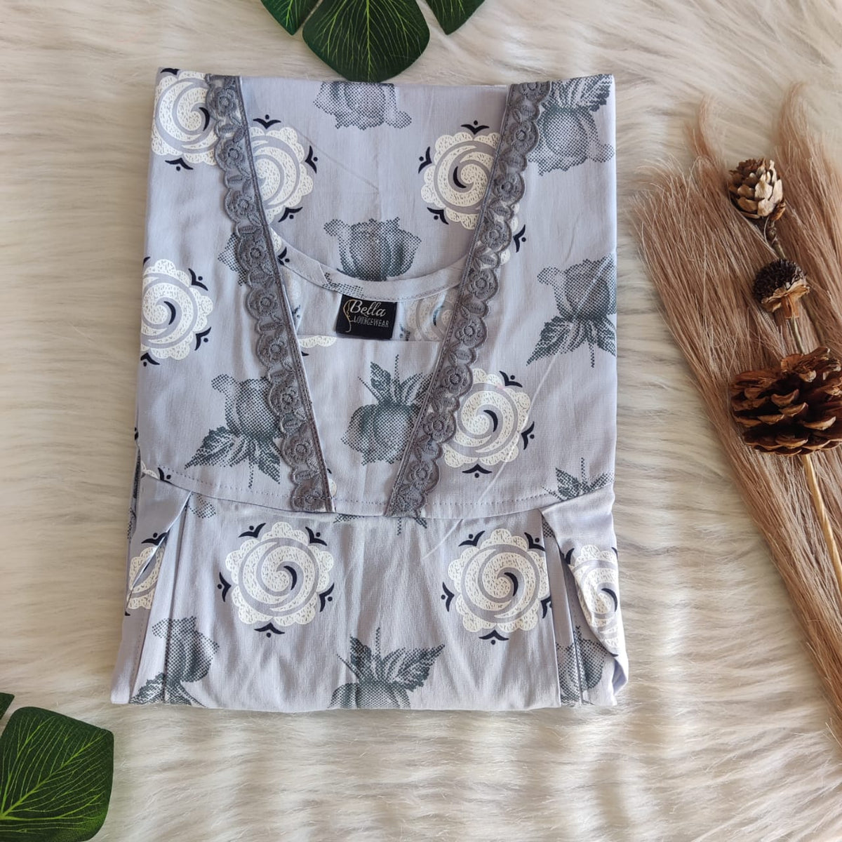Grey Floral Printed Premium Cotton Two Side Vertical Lace Zip Feeding Nighty | Free Size | Chest Width 44″| Length 56″