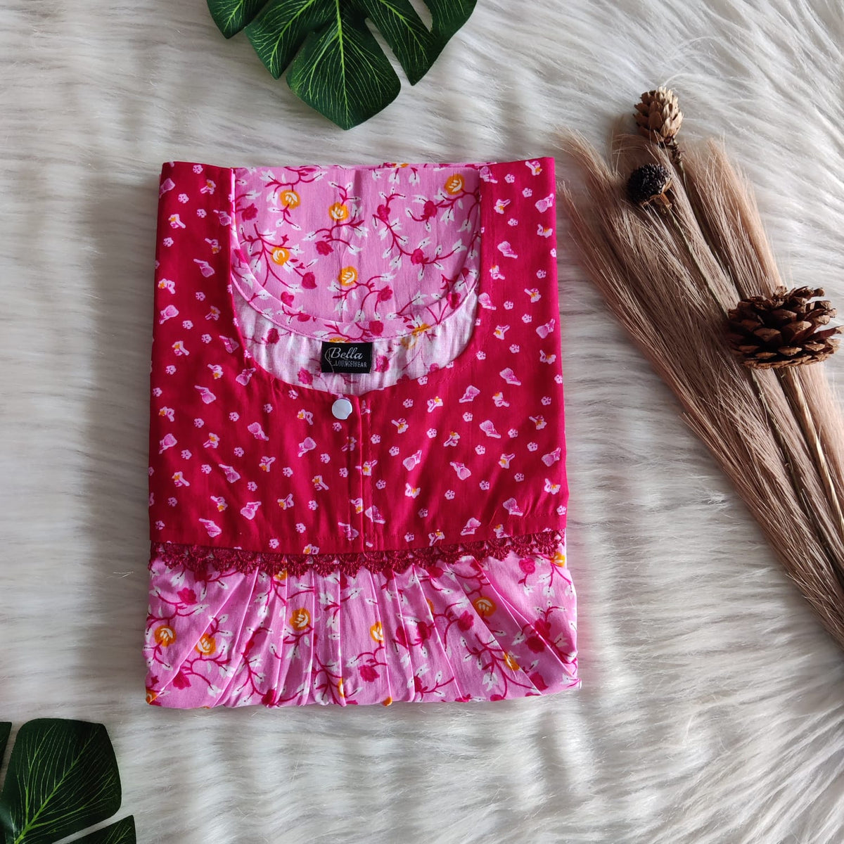 Dark And Pale Pink Floral Printed Premium Cotton Lace Nighty | Free Size | Chest Width 44″| Length 54″-56″