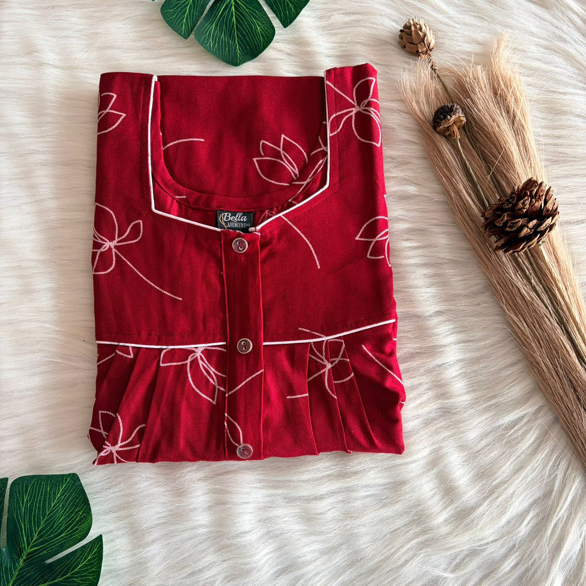 Red Floral Printed Alfine Button Zip Nighty | Free Size | Chest Width 44″| Length 54″-56″