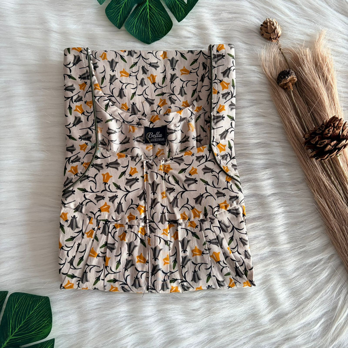 Pastel Green Floral Printed Premium Cotton Pleated Zip Nighty | Free Size | Chest Width 44″| Length 54″-55″