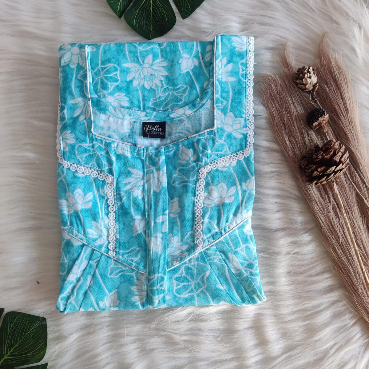 Aqua Blue And White Printed Premium Cotton Long Zip Lace Feeding Nighty | Free Size | Chest Width 44″| Length 56″