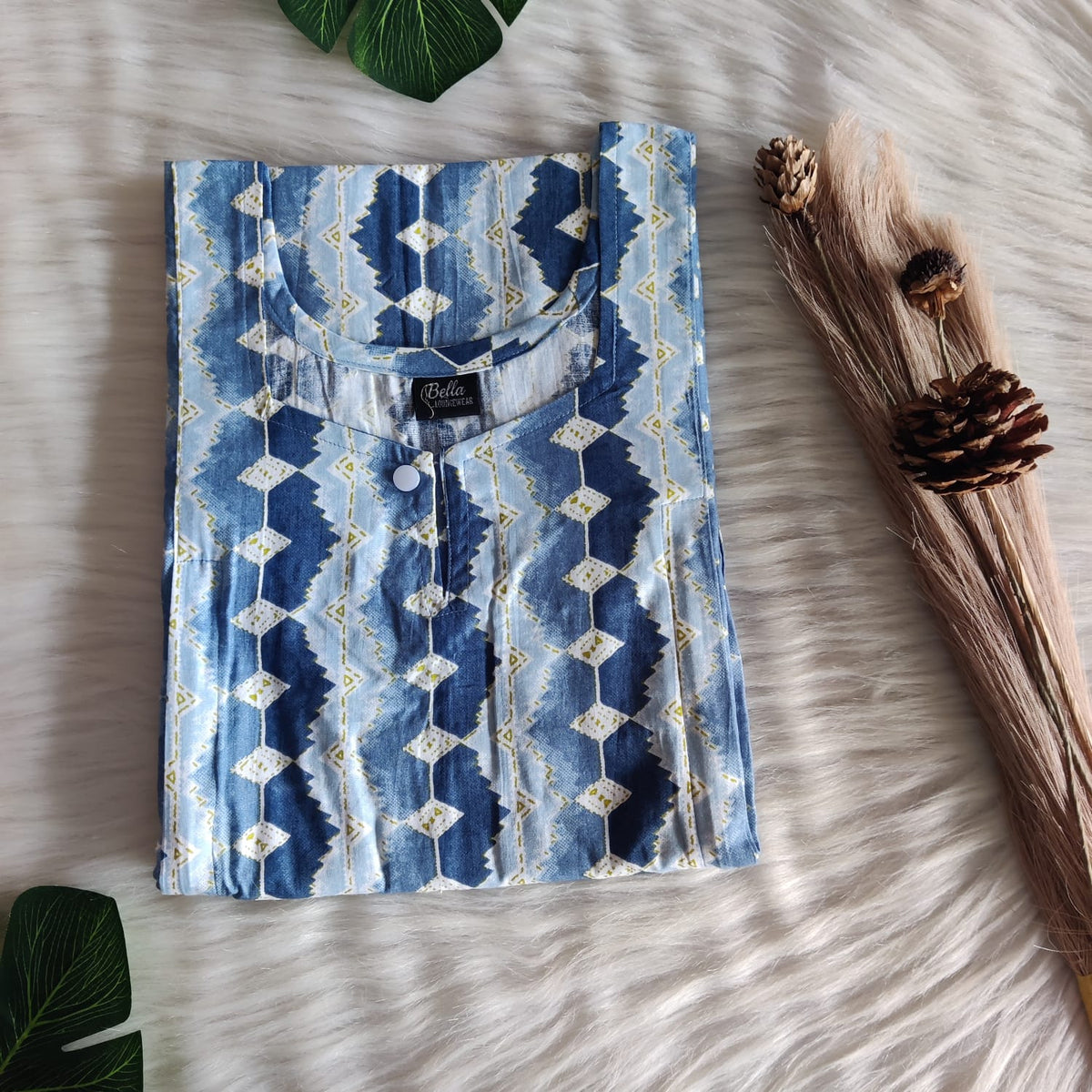 Pale And Dark Blue Printed Premium Cotton Aline Cut Vertical Zip Feeding Nighty | Free Size | Chest Width 44″| Length 54″-56″