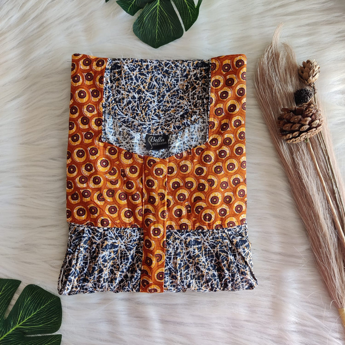 Orange And Navy-Blue Printed Premium Cotton Pleated Vertical Zip Feeding Nighty | Free Size | Chest Width 44″| Length 54″-56″