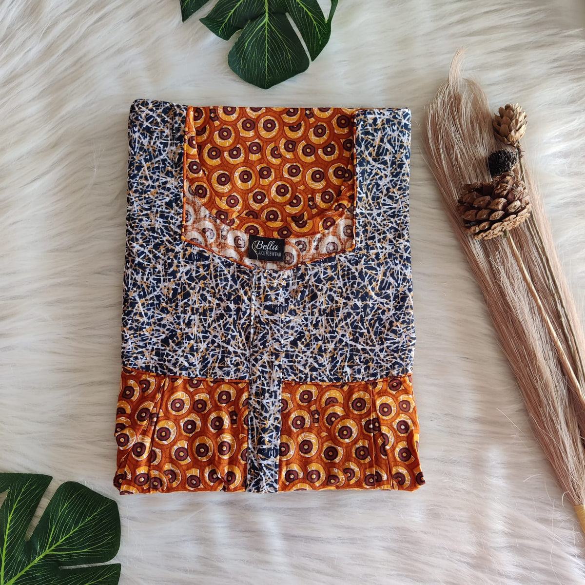 Navy-Blue And Orange Printed Premium Cotton Pleated Vertical Zip Feeding Nighty | Free Size | Chest Width 44″| Length 54″-56″