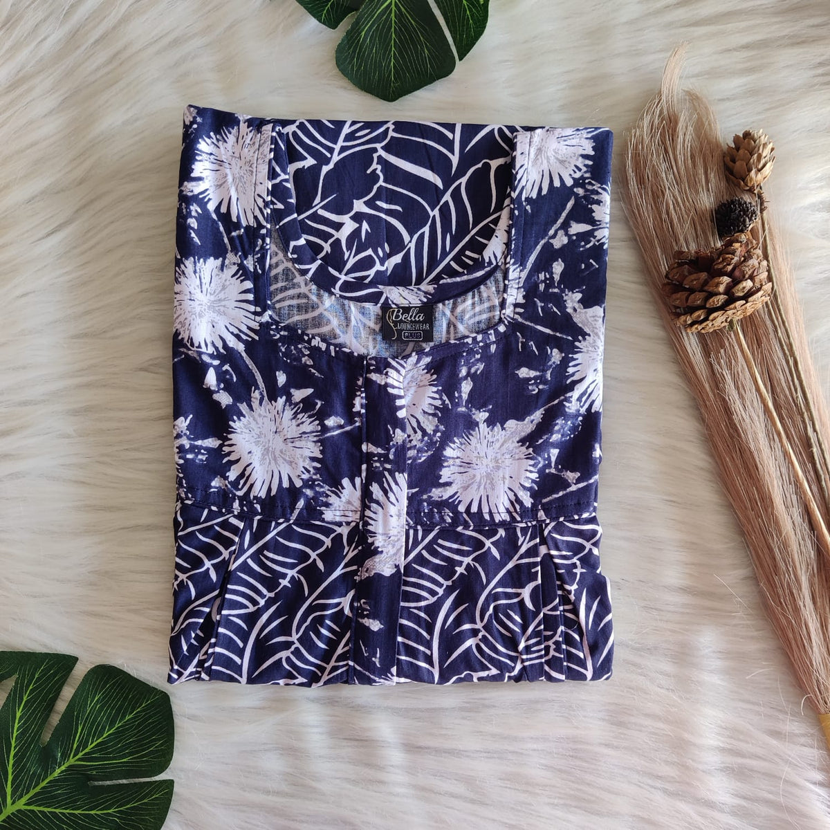 White And Navy-Blue Printed Premium Cotton Pleated Vertical Zip Feeding Nighty | Free Size | Chest Width 44″| Length 54″-56″