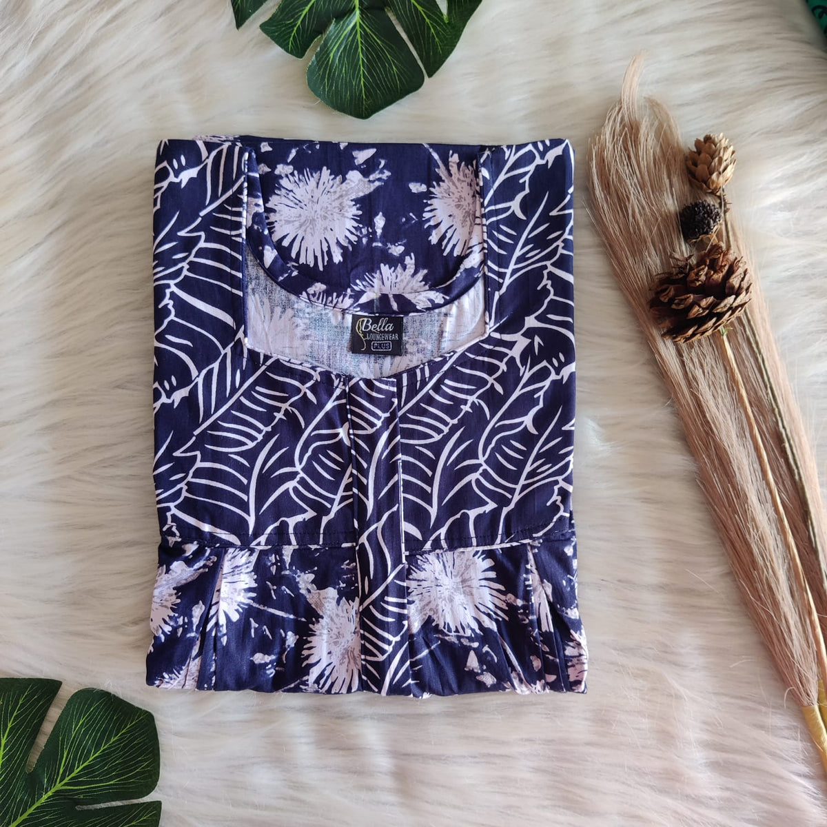 Navy-Blue And White Floral Printed Premium Cotton Pleated Vertical Zip Feeding Nighty | Free Size | Chest Width 44″| Length 54″-56″