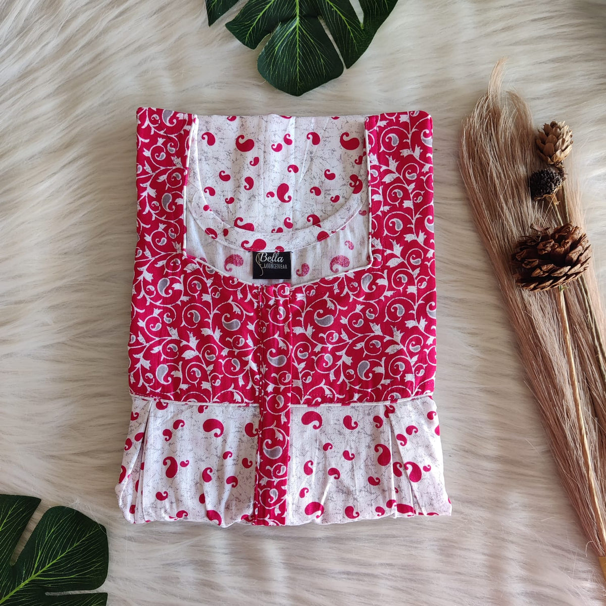 Pink And White Printed Premium Cotton Pleated Vertical Zip Feeding Nighty | Free Size | Chest Width 44″| Length 54″-56″