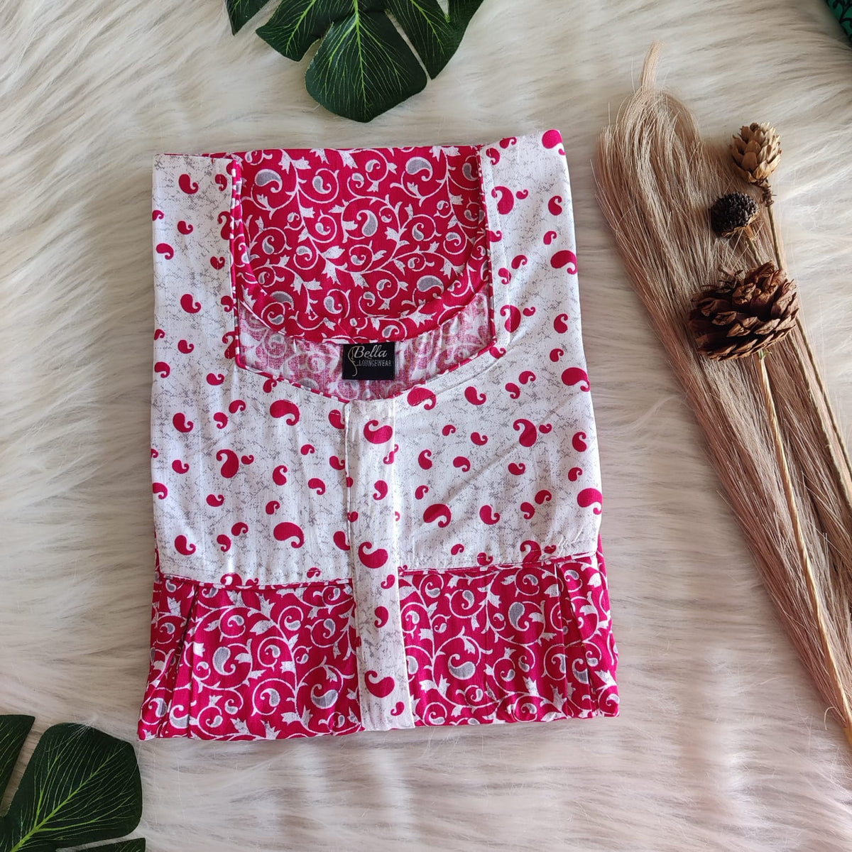 White And Pink Printed Premium Cotton Pleated Vertical Zip Feeding Nighty | Free Size | Chest Width 44″| Length 54″-56″