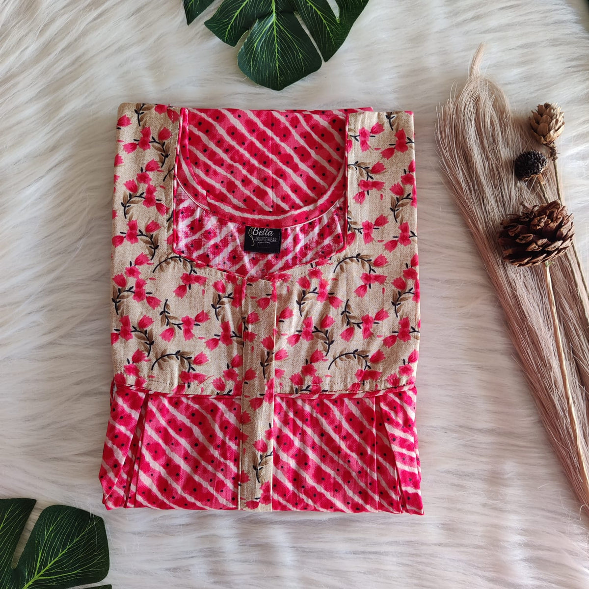 Cream And Red Printed Premium Cotton Pleated Vertical Zip Feeding Nighty | Free Size | Chest Width 44″| Length 54″-56″