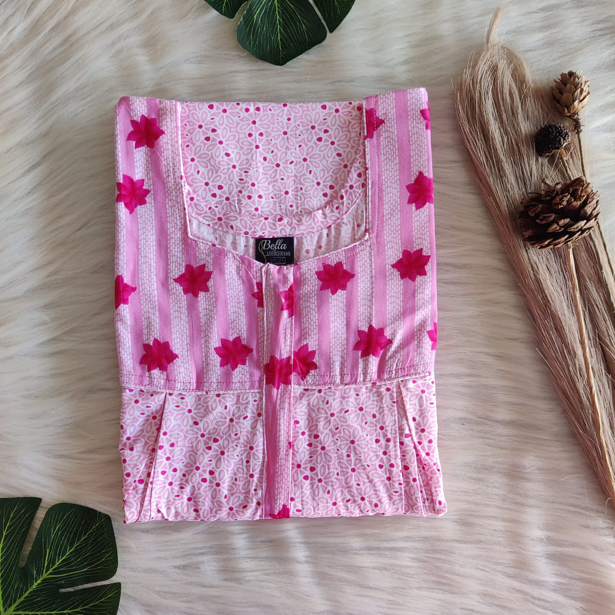 Pink And White Printed Premium Cotton Pleated Vertical Zip Feeding Nighty | Free Size | Chest Width 44″| Length 54″-56″