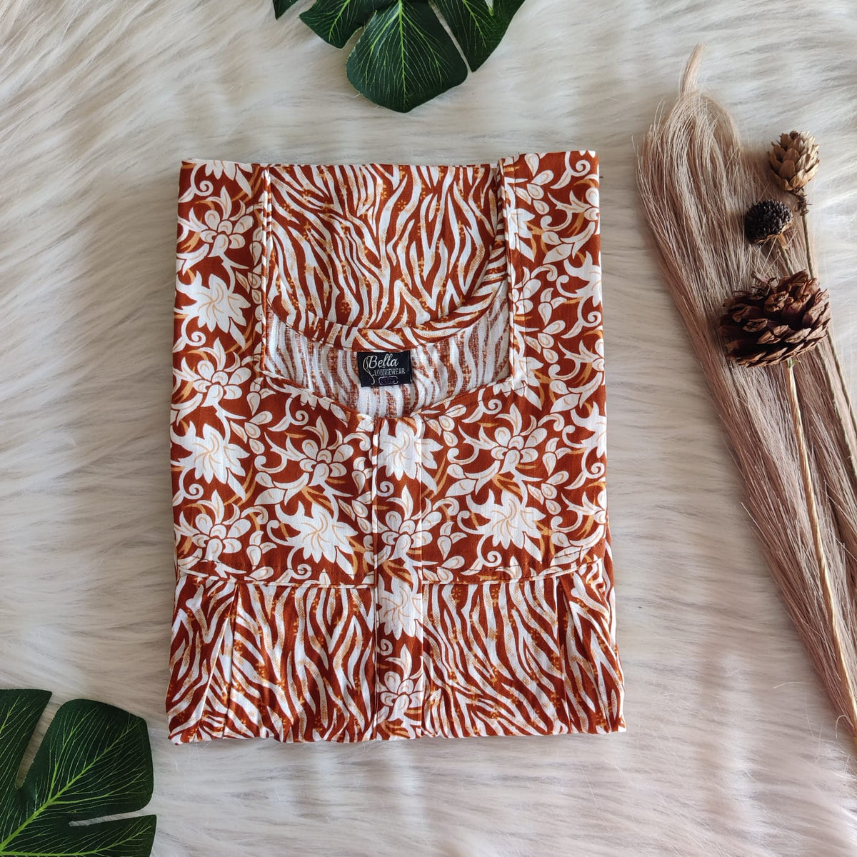 White And Brown Printed Premium Cotton Pleated Vertical Zip Feeding Nighty | Free Size | Chest Width 44″| Length 54″-56″