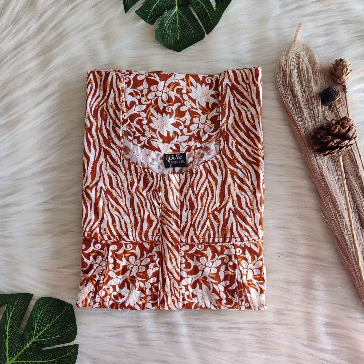 Brown And White Floral Printed Premium Cotton Pleated Vertical Zip Feeding Nighty | Free Size | Chest Width 44″| Length 54″-56″