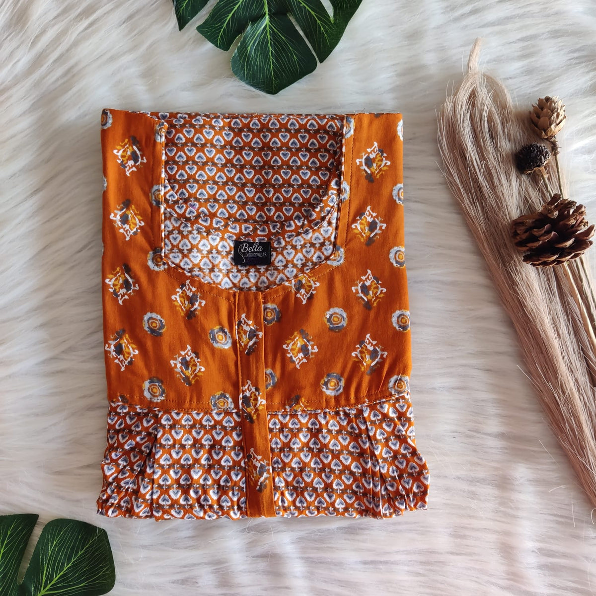 Brown And Grey Printed Premium Cotton Pleated Vertical Zip Feeding Nighty | Free Size | Chest Width 44″| Length 54″-56″