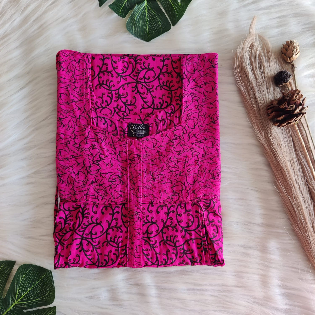 Pink And Black Printed Premium Cotton Pleated Vertical Zip Feeding Nighty | Free Size | Chest Width 44″| Length 54″-56″