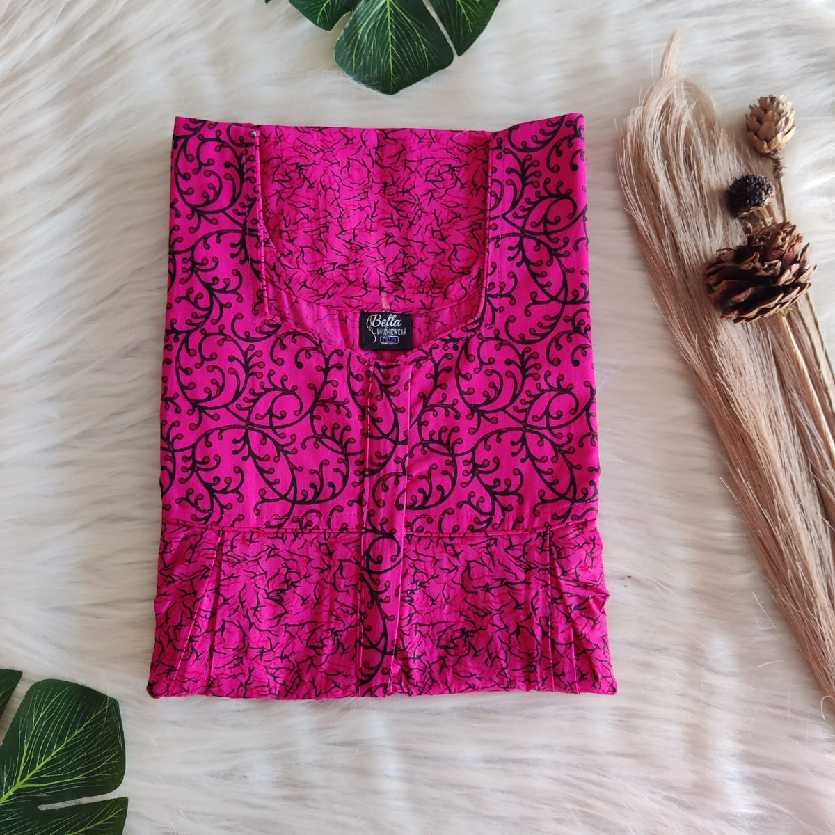 Black And Pink Printed Premium Cotton Pleated Vertical Zip Feeding Nighty | Free Size | Chest Width 44″| Length 54″-56″