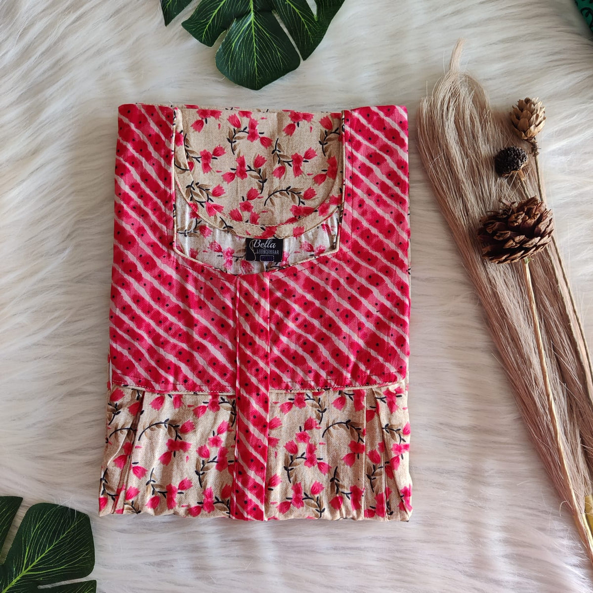 Red And Cream Floral Printed Premium Cotton Pleated Vertical Zip Feeding Nighty | Free Size | Chest Width 44″| Length 54″-56″