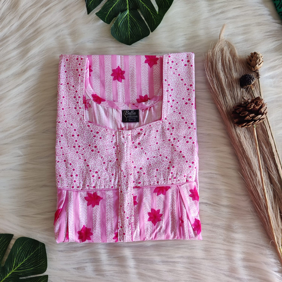 White And Pink Printed Premium Cotton Pleated Vertical Zip Feeding Nighty | Free Size | Chest Width 44″| Length 54″-56″