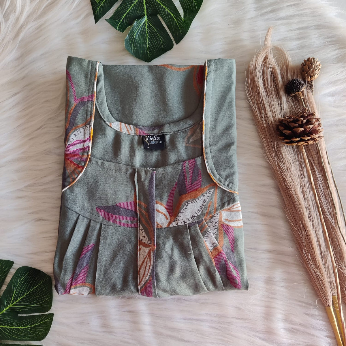 Green Printed Alfine Pleated Zip Nighty | Free Size | Chest Width 44″| Length 54″-55″