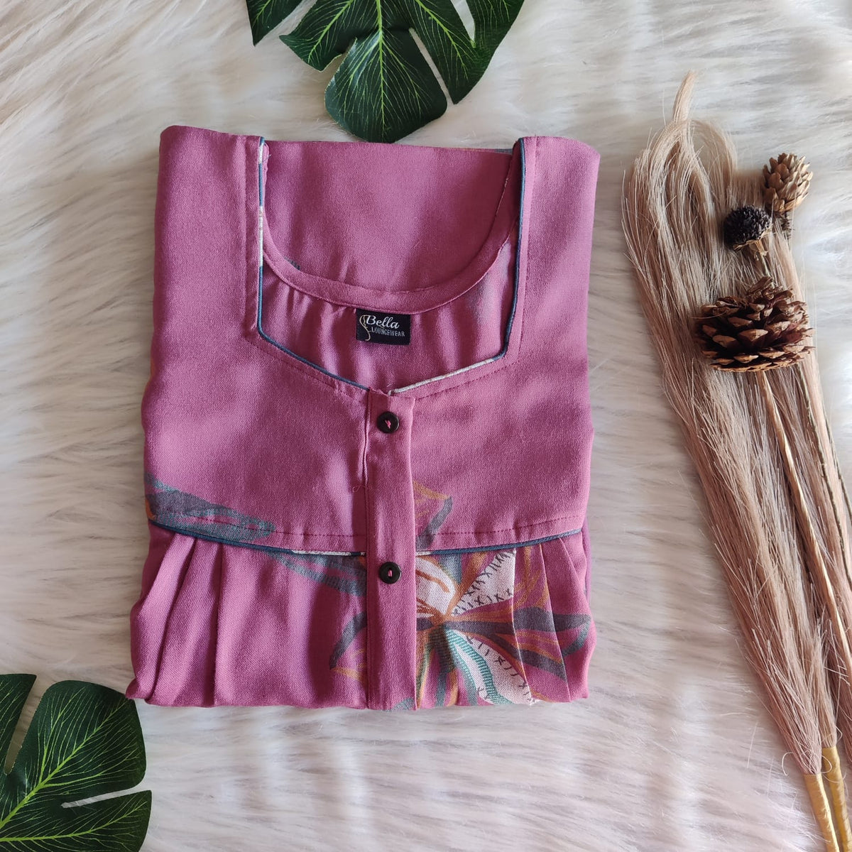 Mauve Printed Alfine Button Zip Nighty | Free Size | Chest Width 44″| Length 54″-56″