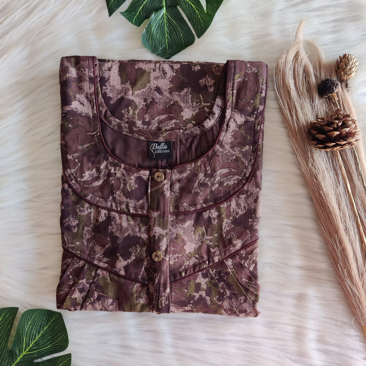 Coffee Brown Printed Discharge Cotton Long Zip Pleated Nighty | Chest Width 44″ | Length 56″