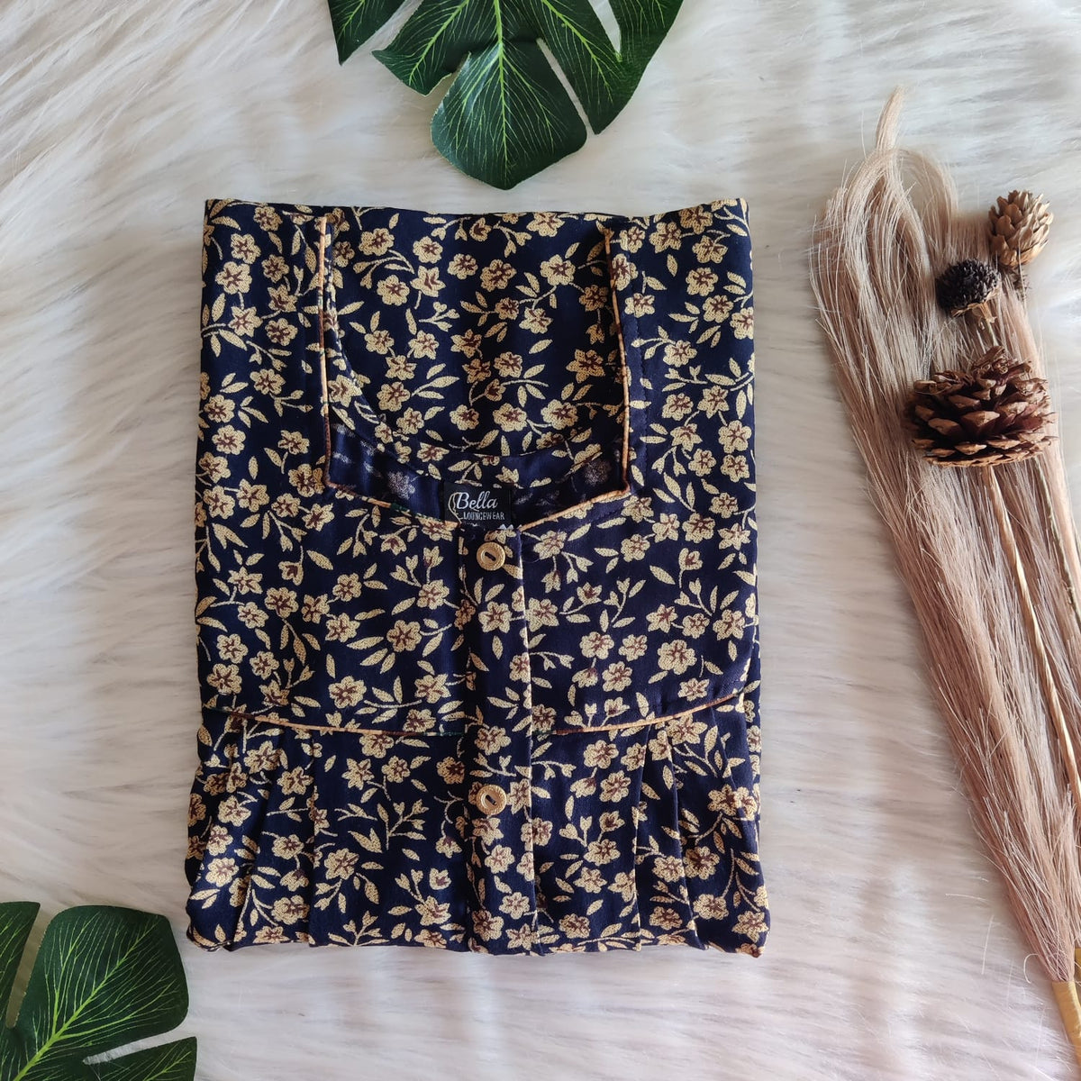 Navy Blue And Cream Floral Printed Alfine 60 Inch Length Button Zip Nighty | Free Size | Chest Width 44″|