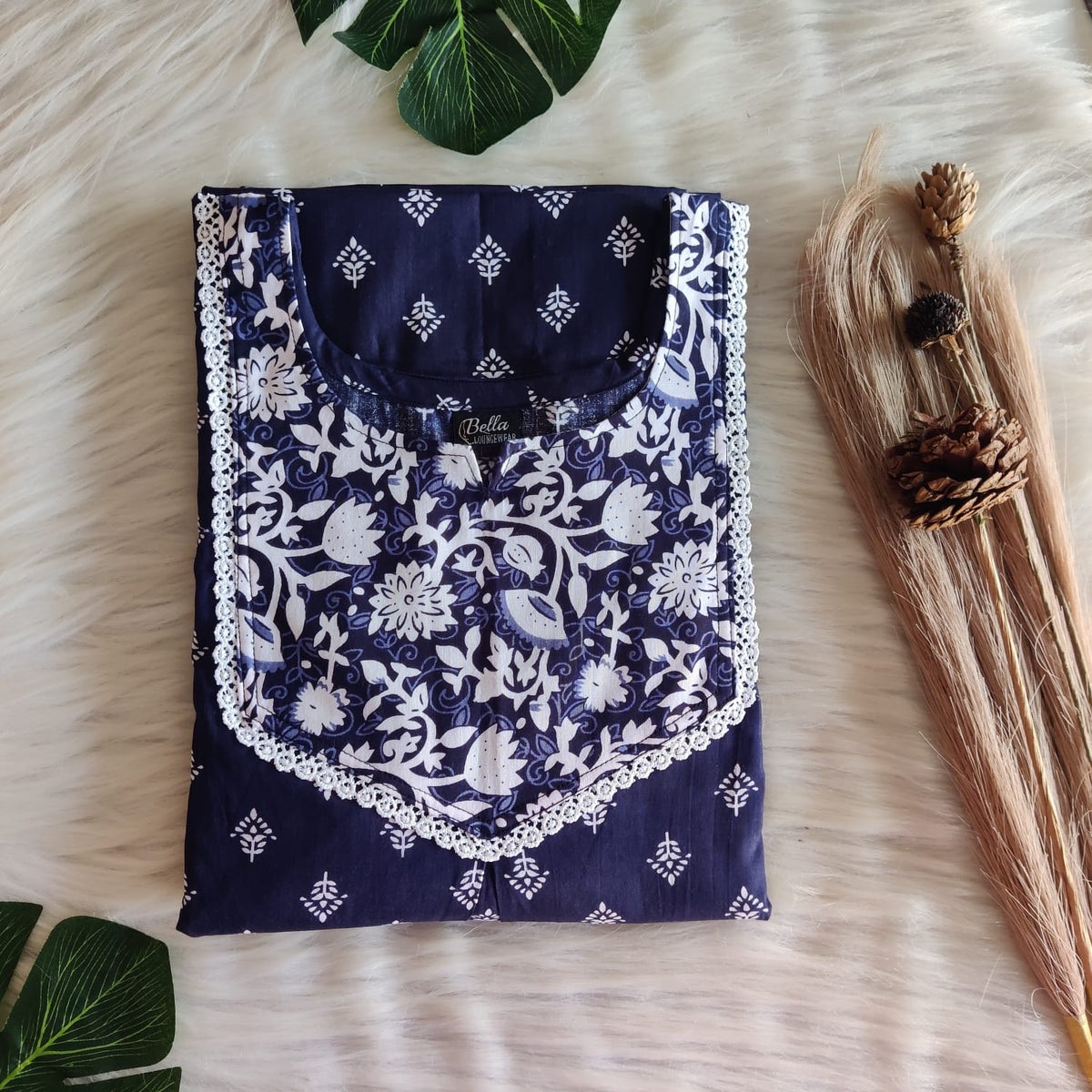 White And Navy-Blue Printed Premium Cotton Mix N Match Lace Pocket Nighty | Free Size | Chest Width 44″| Length 56″