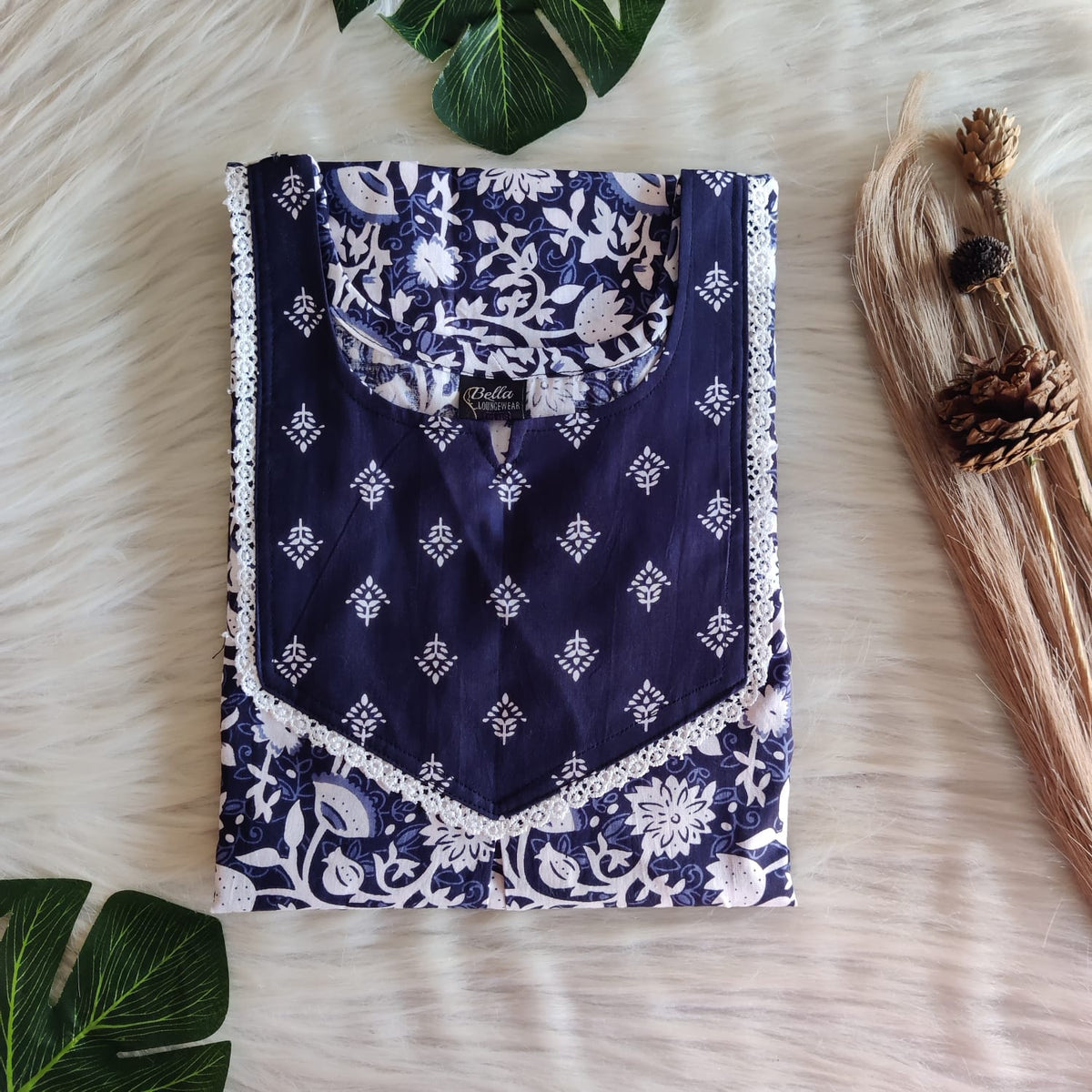 Navy-Blue And White Printed Premium Cotton Mix N Match Lace Pocket Nighty | Free Size | Chest Width 44″| Length 56″