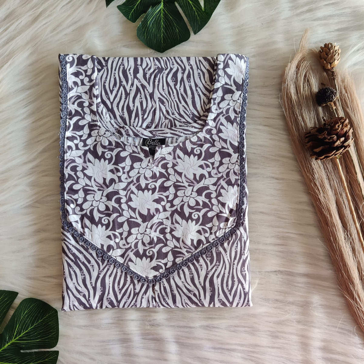 White And Grey Printed Premium Cotton Mix N Match Lace Pocket Nighty | Free Size | Chest Width 44″| Length 56″