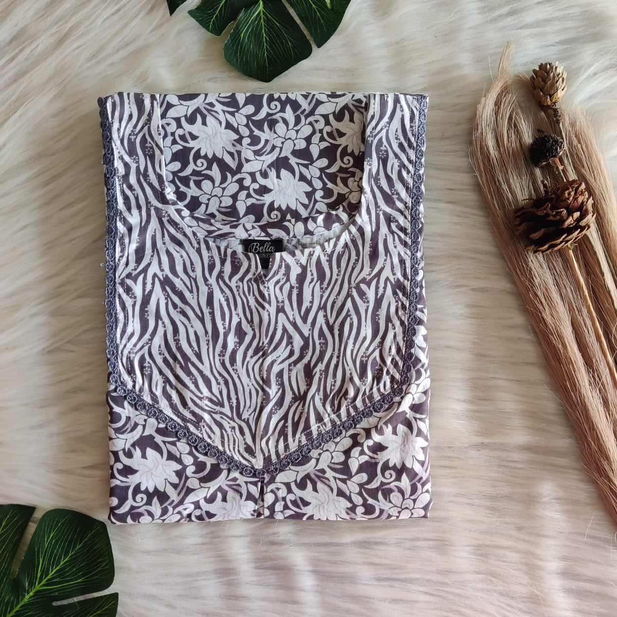 Grey And White Floral Printed Premium Cotton Mix N Match Lace Pocket Nighty | Free Size | Chest Width 44″| Length 56″
