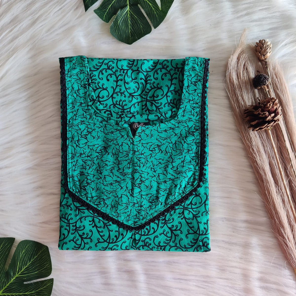 Green And Black Printed Premium Cotton Mix N Match Lace Pocket Nighty | Free Size | Chest Width 44″| Length 56″