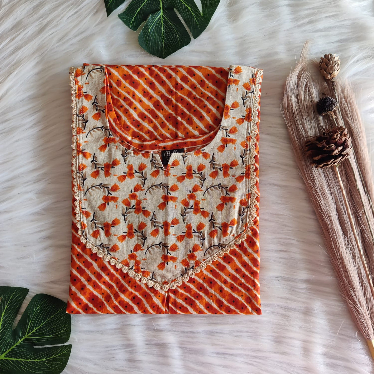 Cream And Orange Printed Premium Cotton Mix N Match Lace Pocket Nighty | Free Size | Chest Width 44″| Length 56″