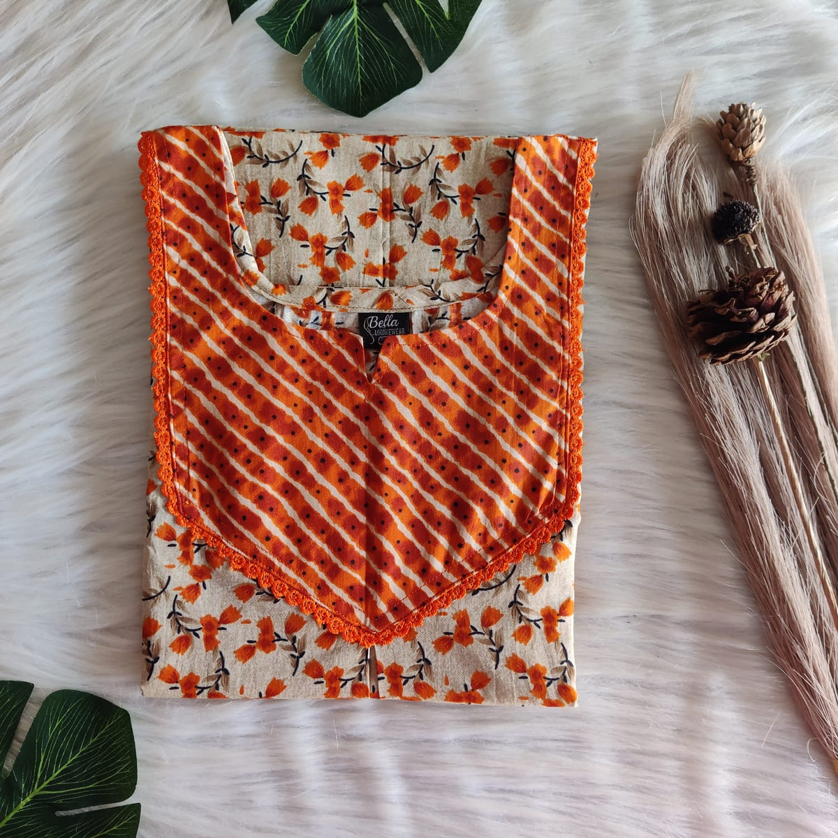 Orange And Cream Floral Printed Premium Cotton Mix N Match Lace Pocket Nighty | Free Size | Chest Width 44″| Length 56″