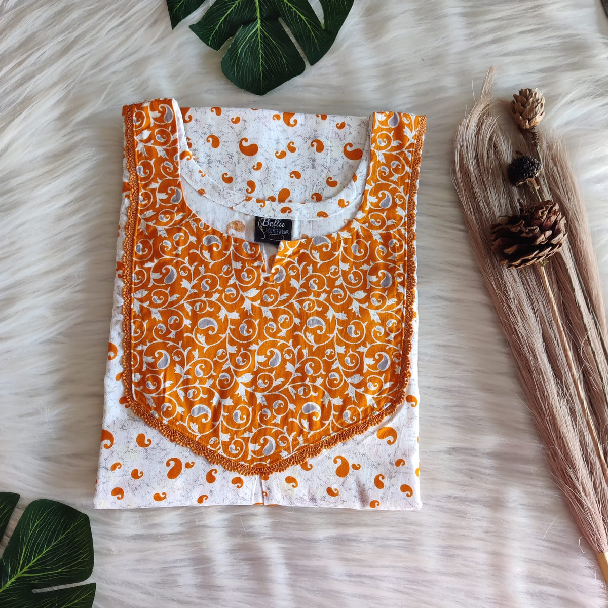 Orange And White Printed Premium Cotton Mix N Match Lace Pocket Nighty | Free Size | Chest Width 44″| Length 56″