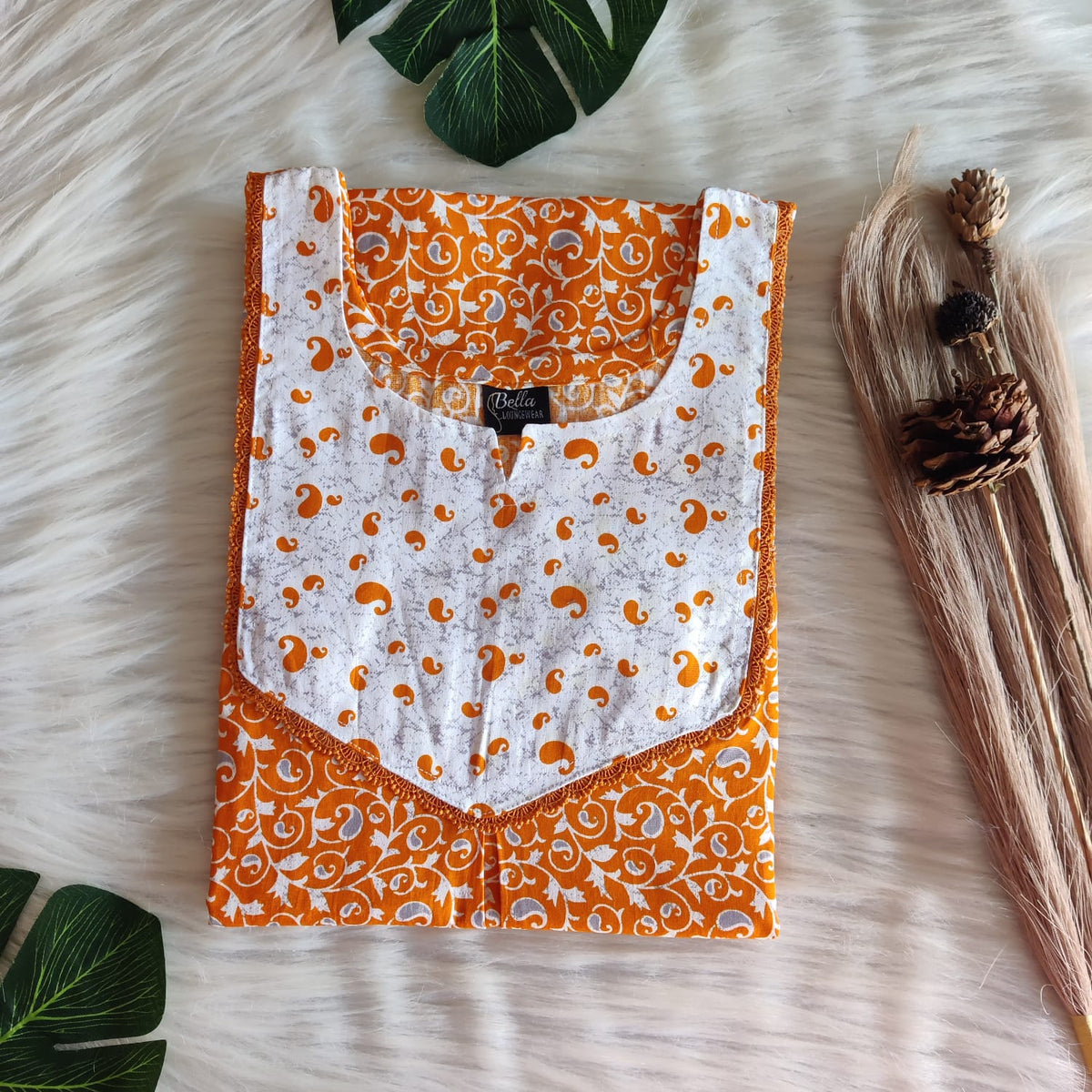 White And Orange Printed Premium Cotton Mix N Match Lace Pocket Nighty | Free Size | Chest Width 44″| Length 56″